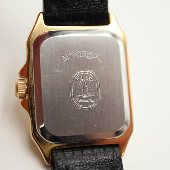 Vintage Montreux Swiss 19mm Gold Tone Tank Watch Black Leather w New Battery main image 6